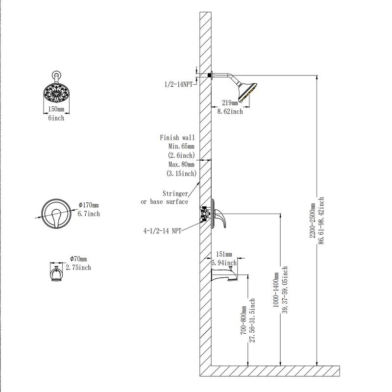 Wall Mounted Shower Faucet with Tub Spout Complete Polished Chrome Rain