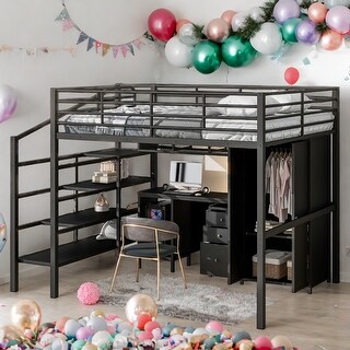 Contemporary Full Metal Loft Bed With Table Set and Large storage Wardrobe, Sturdy Construction & Safety Guaranteed, Black