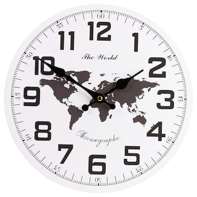 12" White Black B/O Round Wall Clock with Continent Design