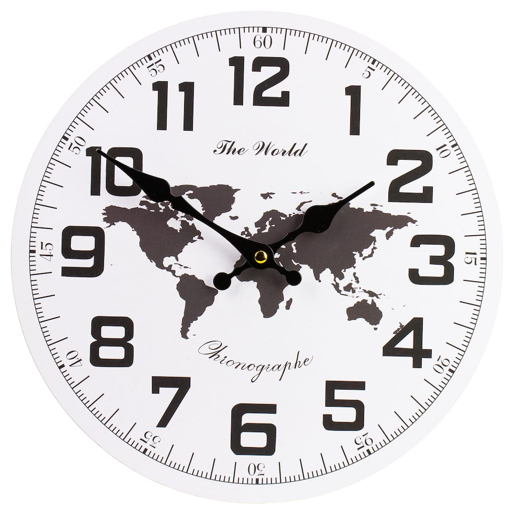12" White Black B/O Round Wall Clock with Continent Design