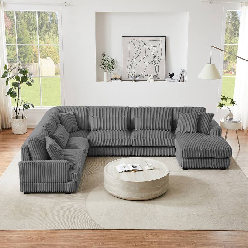 Roomfitters 129-Inch Oversized U-Shaped Sectional Sofa, Modern Corduroy Upholstered Couch with Chaise Lounge, Dark Grey