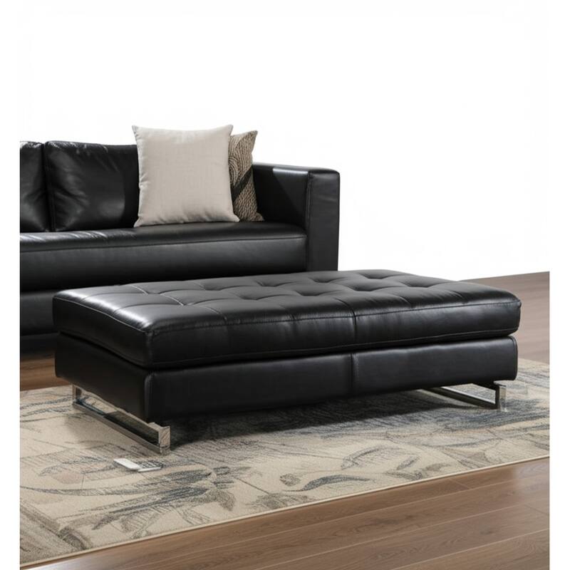 HomeRoots 63" Black Tufted Faux Leather and Silver Ottoman