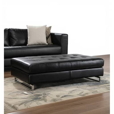HomeRoots 63" Black Tufted Faux Leather and Silver Ottoman