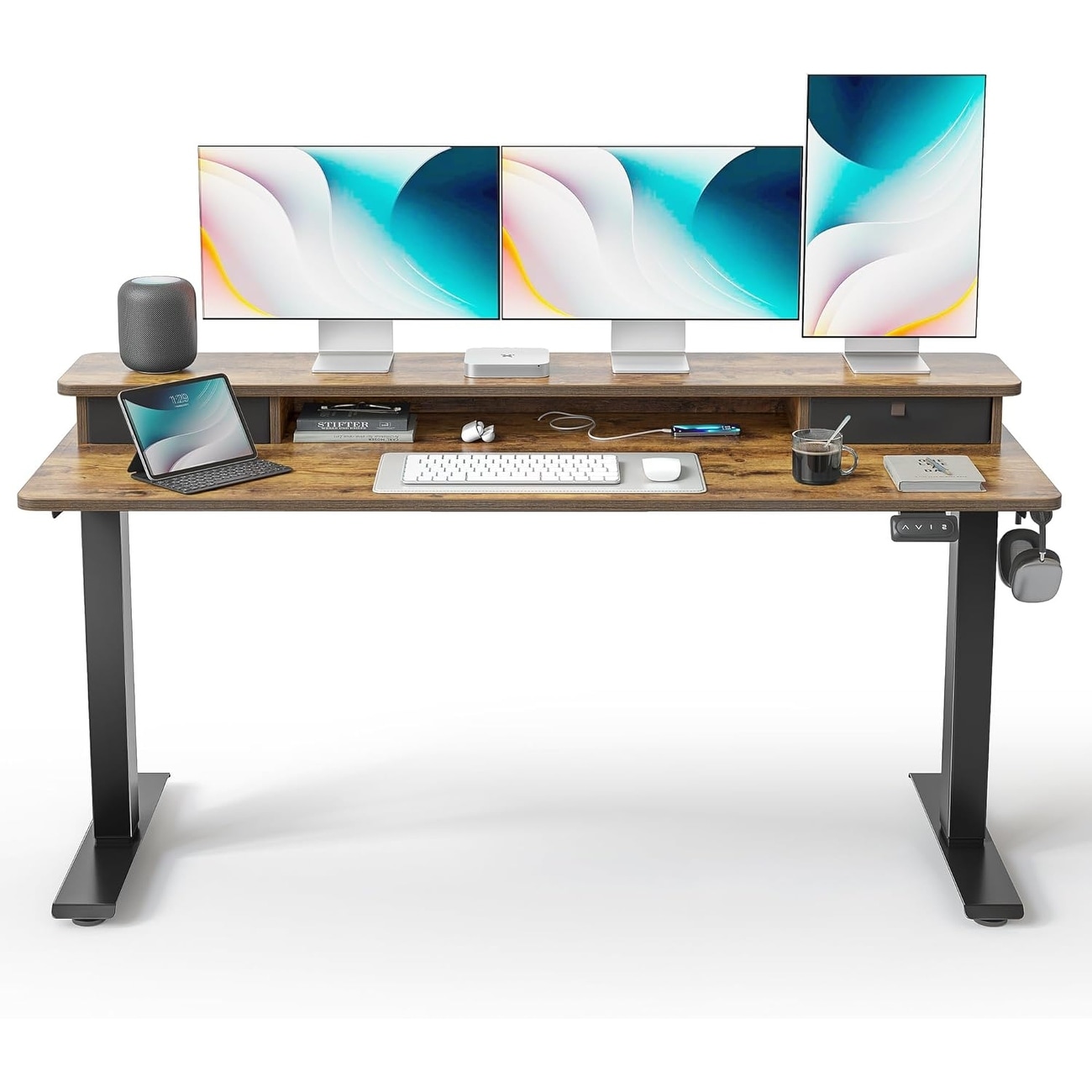 60 x 24 Inch Height Adjustable Electric Standing Desk with Double Drawer, Rustic Brown