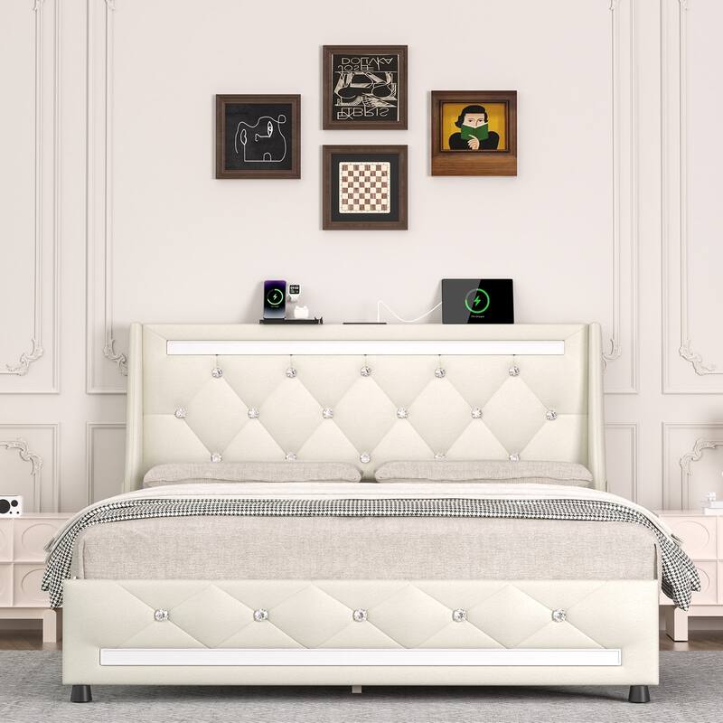 Full Size Upholstered Platform Bed Frame with Headboard, LED Lights, Charging Station, and Storage