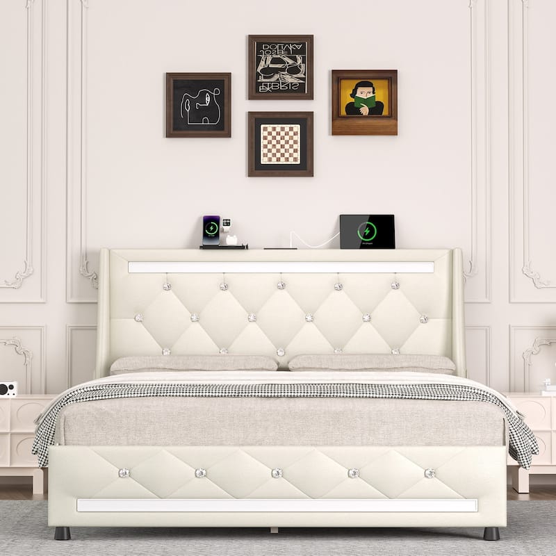 Heavy Duty Metal Bed Frame with Wood Slat, Upholstered Wingback Platform Bed, Diamond Tufted LED Headboard with Charging Station