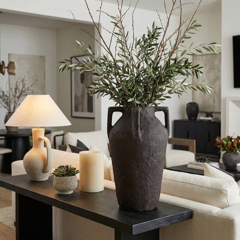 Decorative Vase - Dark Brown Paper Mache Lug Handles, 20" - Brown - 19.75"