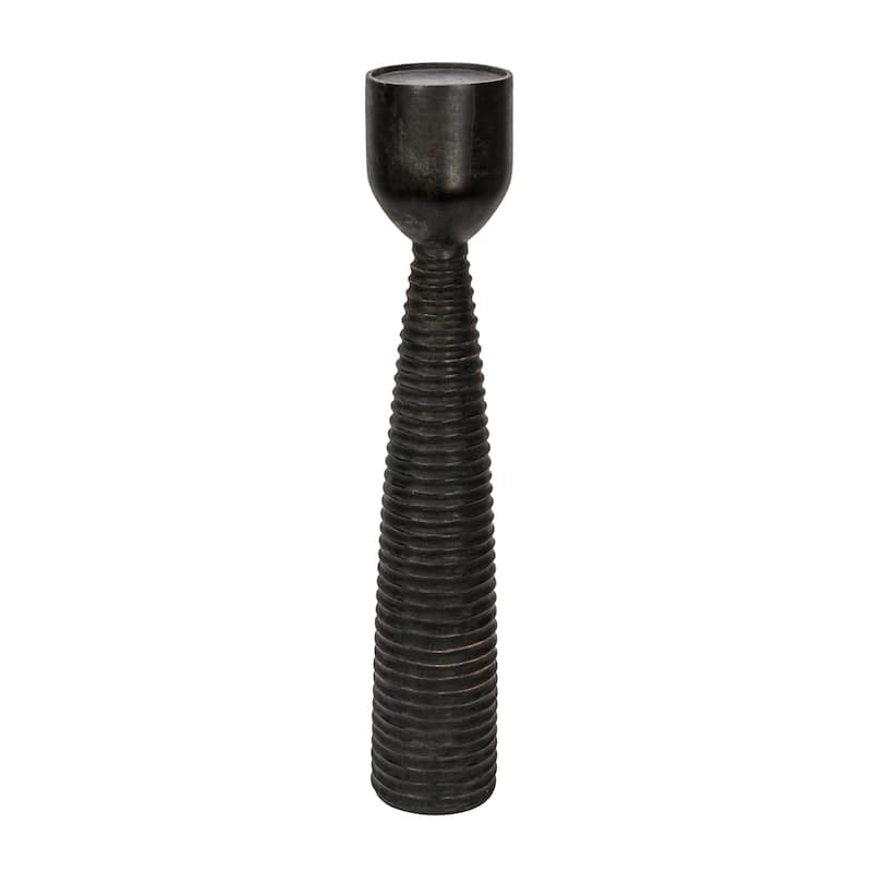 Hand-Carved Mango Wood Ribbed Candle Holder - 5.0"L x 5.0"W x 20.0"H