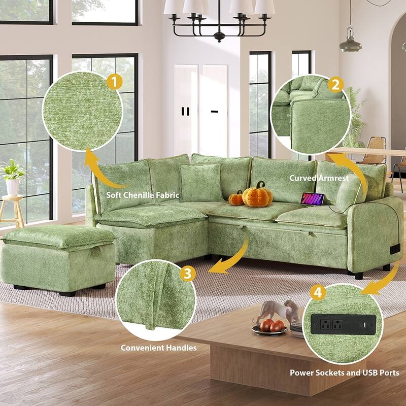 82.67" L-Shape Sleeper Sectional Sofa with Storage Ottoman,Pillows,USB