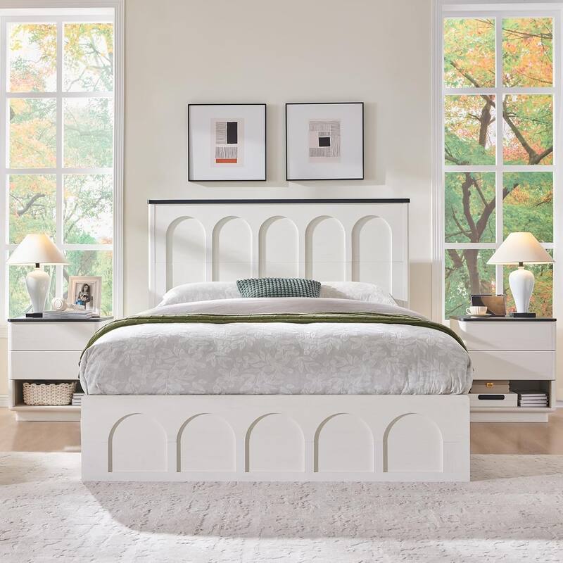Modern Queen Size Bed Frame, 52" Tall Arched Recessed Headboard