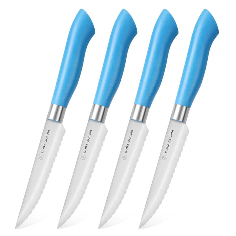Dura Living EcoCut 4-Piece Steak Knife Set - High Carbon Micro-Serrated Stainless Steel Blades, Sustainable Ergonomic Handles - Blue
