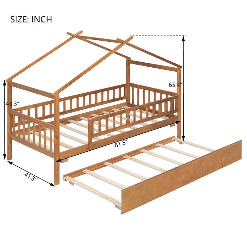 Montessori Bed House Bed with Trundle Bed and Headboard, Wood Daybed Platform Bed Frame No Box Spring Needed for Boys Girls