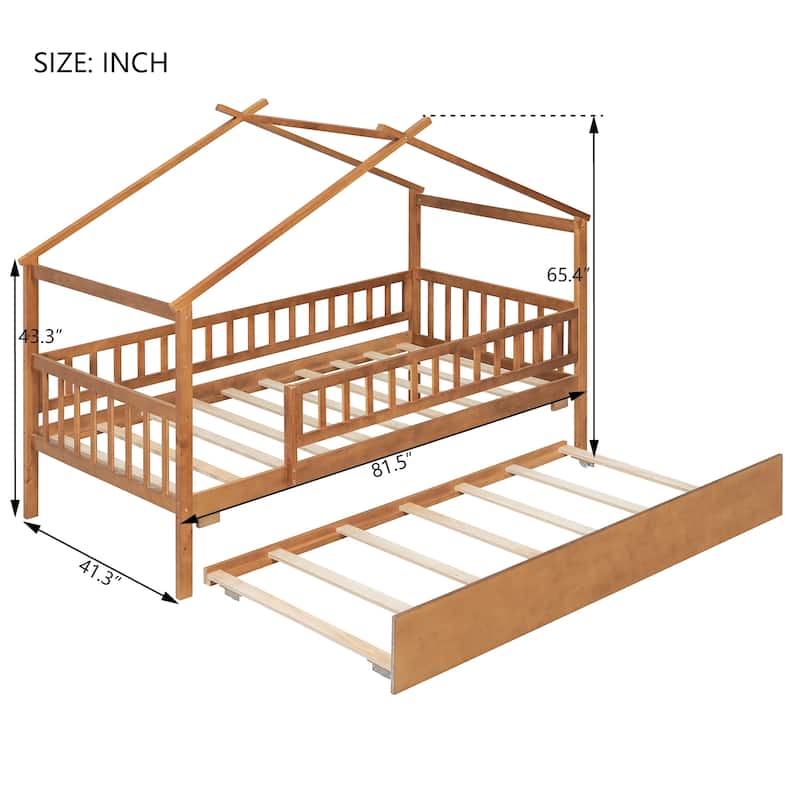 Twin/Full Wooden House Bed with Twin Trundle, Kids Platform Bed Frame with Roof Design, Solid Pine Wood
