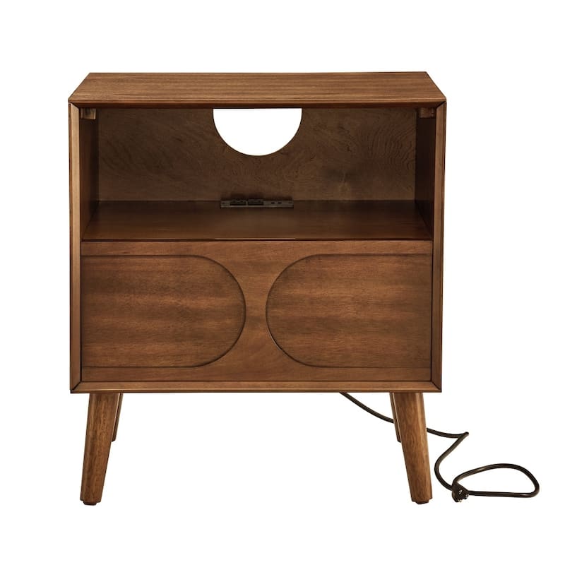 Mid-Century Modern Fluted Nightstand with Charging Station USB Ports,Outlet Hole,4 Solid Wood Legs