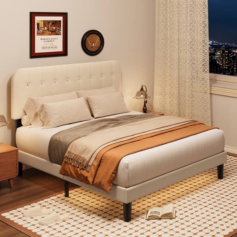 Full / Queen / King Bed Frame with Headboard, Upholstered Platform Bed with Sturdy Wooden Slats - Beige - Queen