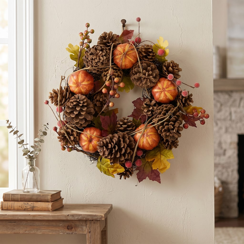 Pinecones, Pumpkins Frosted Berries Small Artificial Fall Wreath 14"