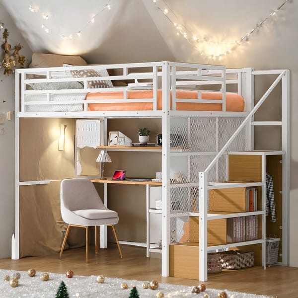 slide 2 of 32, Metal Full Size Loft Bed with Desk,Storage Wardrobe and Staircase White