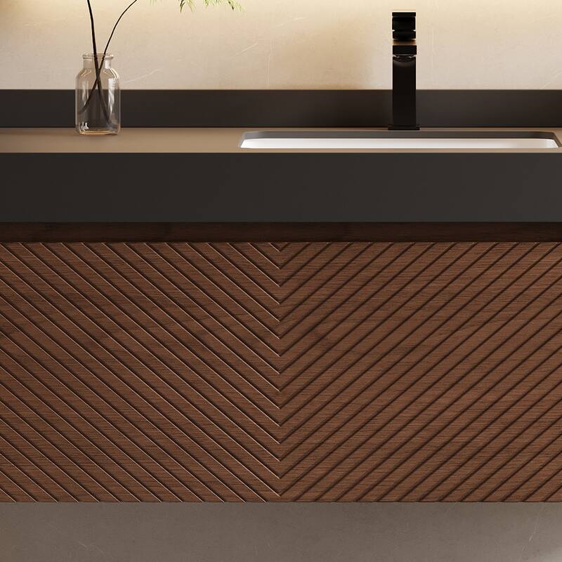 48" Modern Floating Single Bathroom Vanities, Solid Wood, Brown, 2 Drawers