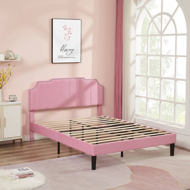 VECELO Upholstered Bed Frame with Nailhead Trim Adjustable Height Headboard, Twin/Full/Queen Size Bedframes
