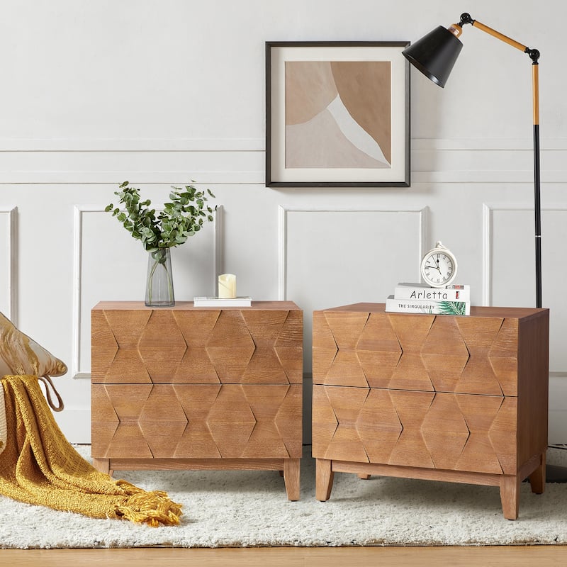 Ethe Mid-Century 2-Drawer Storage End Table with Adjustable Solid Wood legs and Charging Station Set of 2 By HULALA HOME