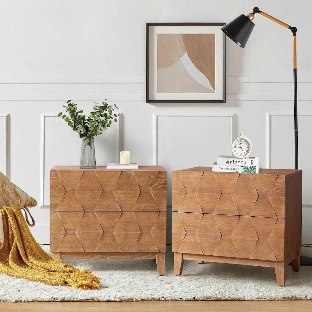 Ethe Mid-Century 2-Drawer Storage End Table with Adjustable Solid Wood legs and Charging Station Set of 2 By HULALA HOME