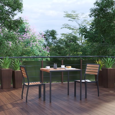 Indoor/Outdoor Faux Teak Table with 2 Club Chairs with Arms
