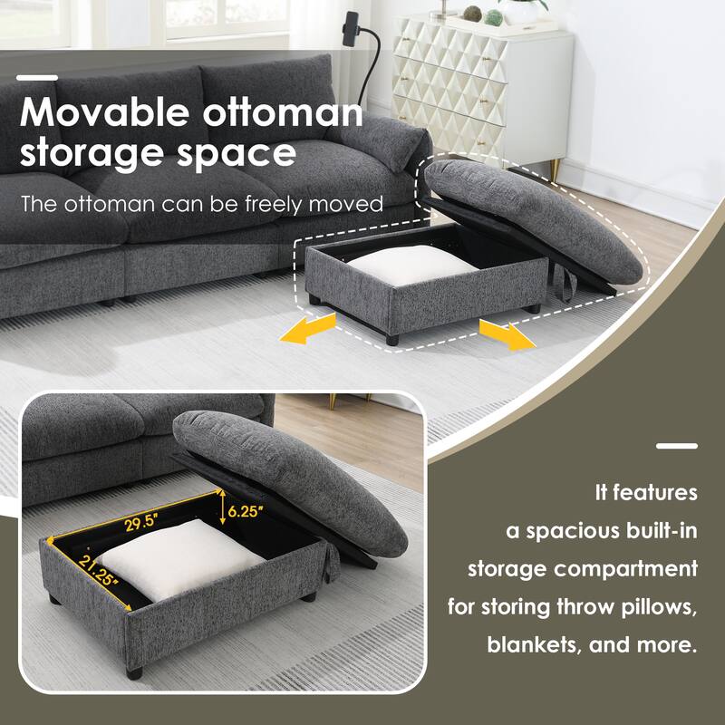 96.5" Chenille L-Shaped Sofa with Storage Ottoman & USB Charger