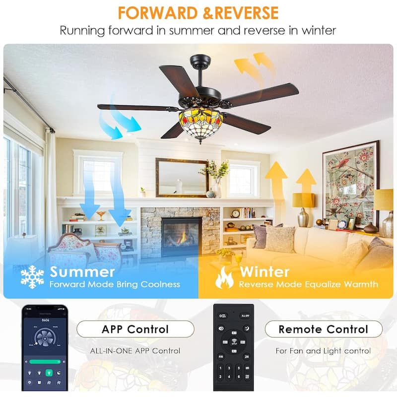 50" TiffanyTropical Ceiling Fan with 5 Palm Leaf Bllades and Vintage Cover Waterproof for Indoor and Outdoor Patio