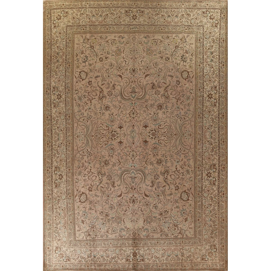 Floral Tabriz Persian Vintage Rug Hand-Knotted Pink Wool Carpet - 9'7"x 13'4"