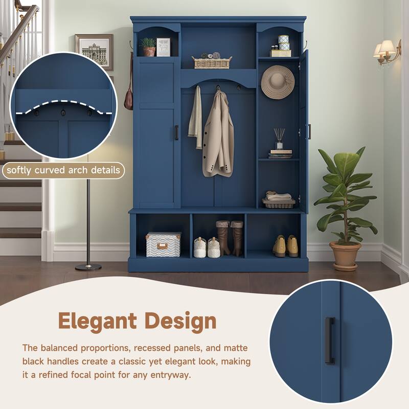 Modern Hall Tree with Adjustable Shelves Dual Cabinets Bench Entryway Organizer