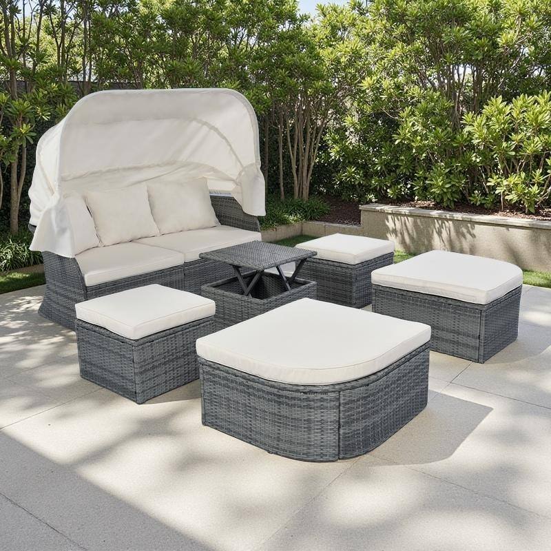 6-Pieces Outdoor Patio Rattan Round Daybed Sunbed Set with Retractable Canopy and Lift Table