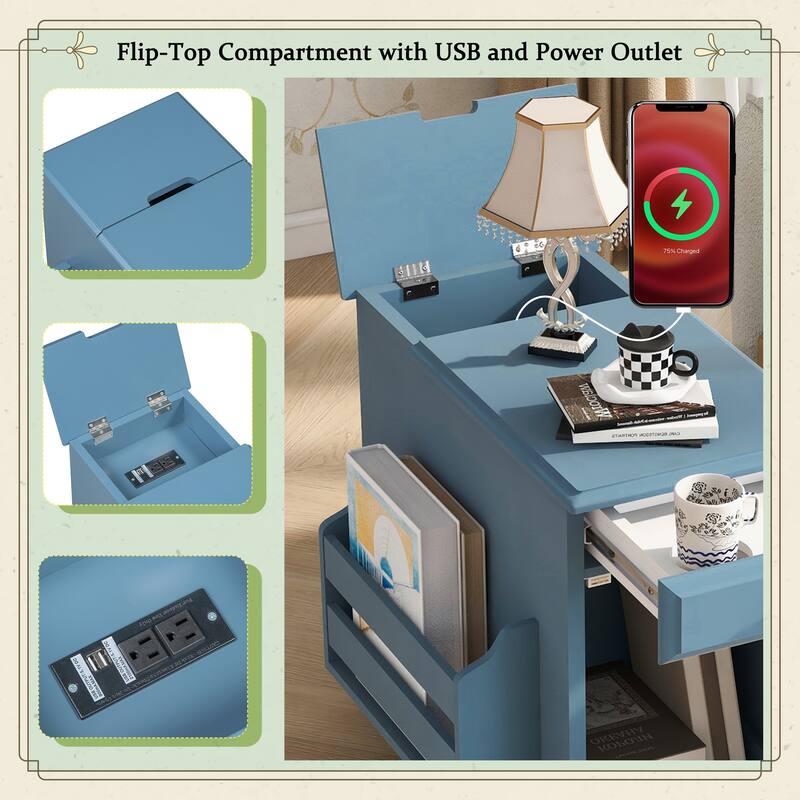 Vintage End Table Flip Top Side Table with USB Ports, One Multifunctional Drawer with cup holders, Sofa Couch Table w/ Bookshelf