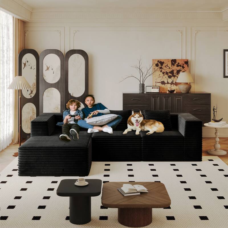 Corduroy Boneless Sectional Couch Floor Deep Seat Sofa with Pillows