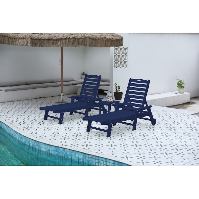 3-Piece White Wood Texture Oversized Chaise Lounge Chair Set w/ Side Table, All Weather Patio Lounge Chair - Blue