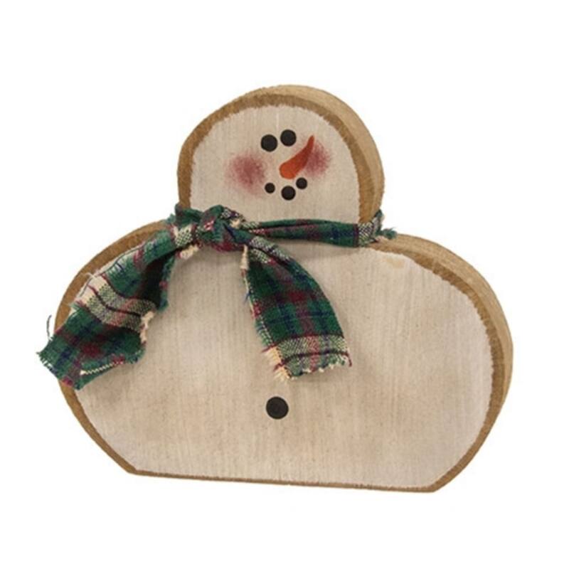 Primitive Distressed Wooden Snowman Sitter with Green Plaid Scarf Rustic Farmhouse Winter Decor - 4.25" H x 5" W x .75" D - White