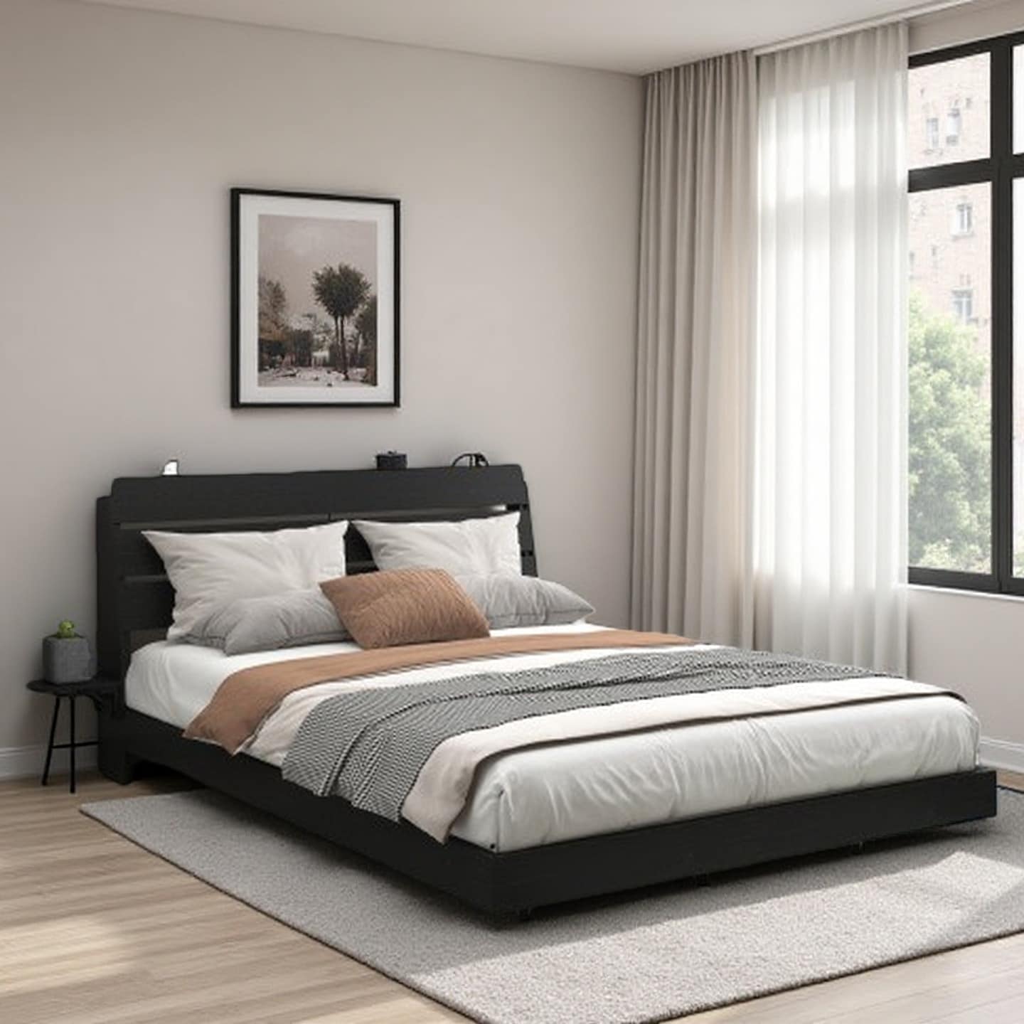 Queen Floating Bed Frame with RGB LED Lights, Storage Headboard with USB & Type-C Charging Ports, Modern Wooden Platform Bed