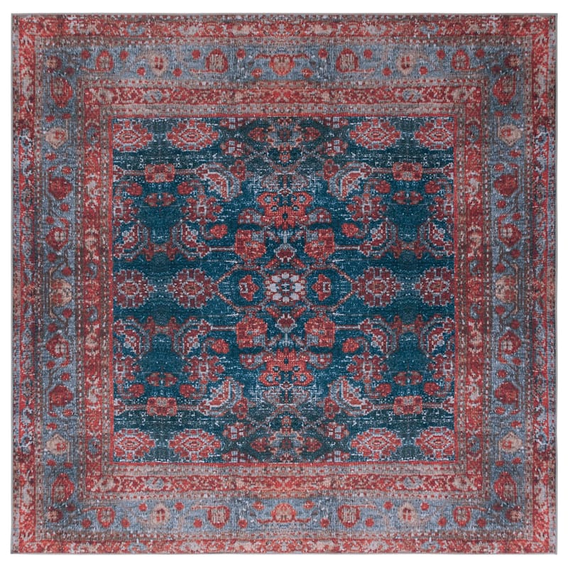 SAFAVIEH Tucson Machine Washable Slip Resistant Elmira Oriental Rug - 6' Square - Blue/Rust