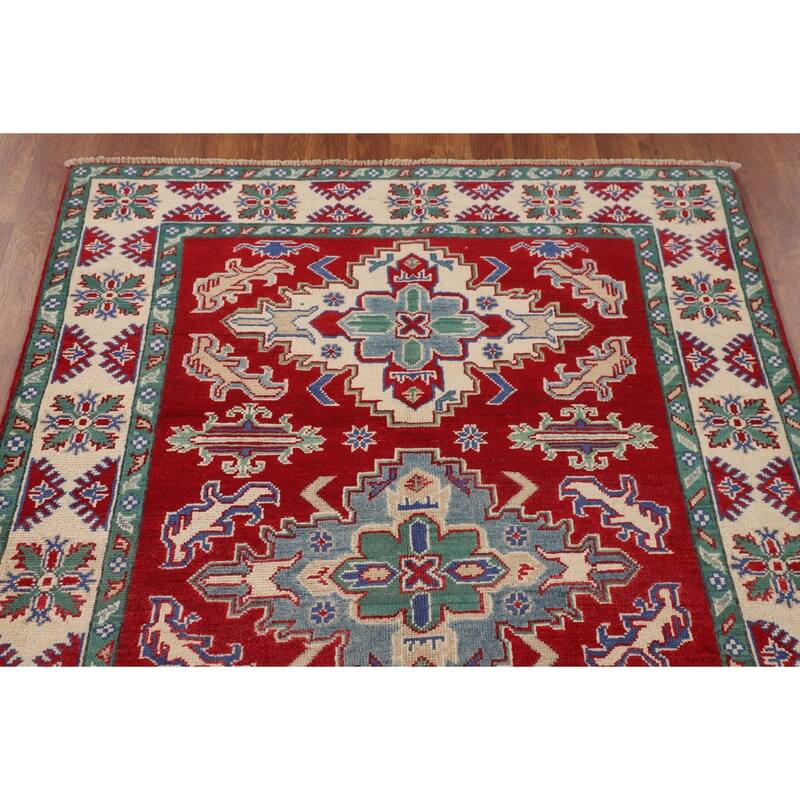 Red Kazak Area Rug Hand-Knotted Oriental Wool Carpet - 4'1" x 5'6"