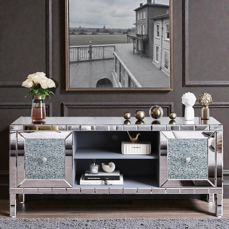 59 Inch Mirrored TV Stand with Crushed Diamond Glass Doors, Modern Entertainment Center for 65 Inch TV - Silver