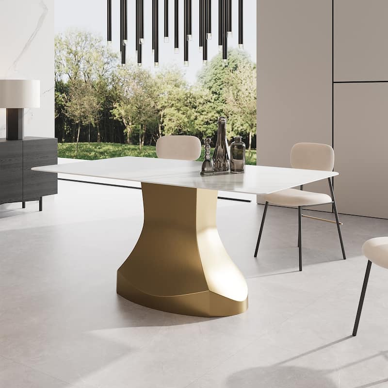 Modern Rectangle Tabletop Titanium Stainless Steel Pedestal Dining Table