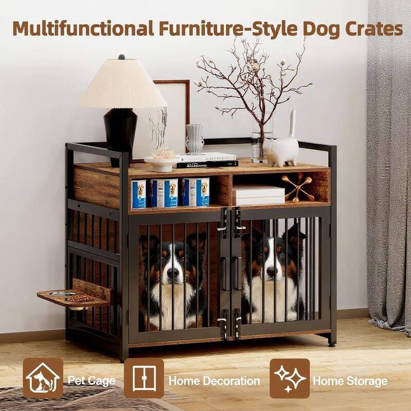 Heavy Duty Dog Crate Furniture, with Double Doors & Storage