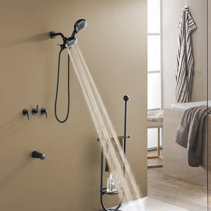 Modland 3-Handle Tub and Shower Faucet Set Dual Head 5-Setting Brass Valve with Alloy Spout - Matte Black