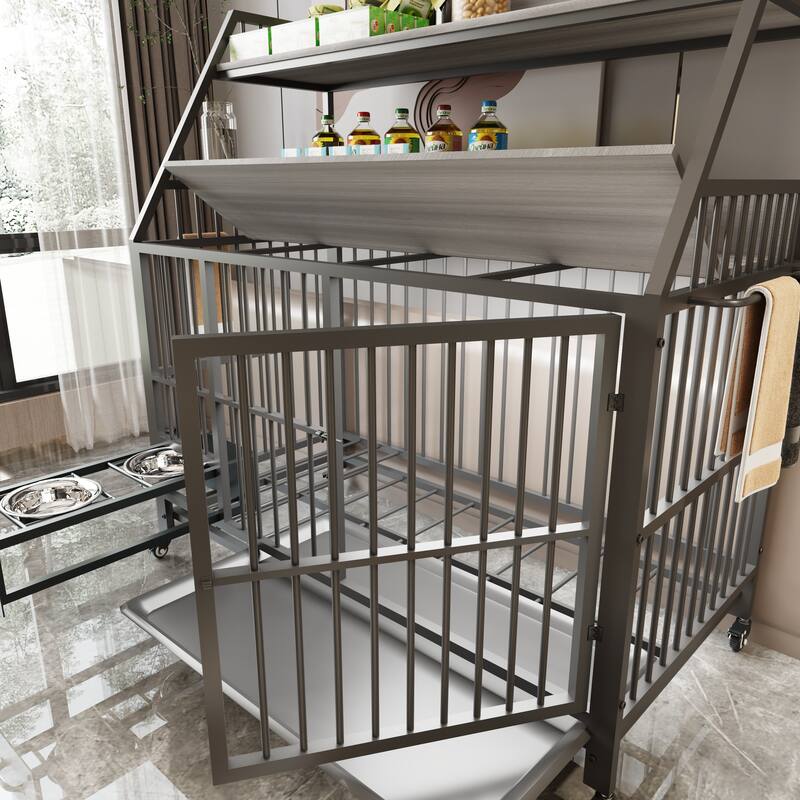 Large Pet Cage with Storage Rack, Drawers with Food and Water Basins, Double-Layer Storage Rack, Iron Frame and MDF Material