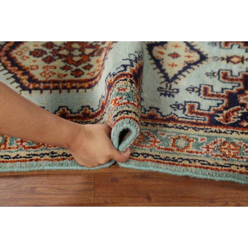 Turquoise Geometric Viss Indian Accent Rug Hand-Knotted Wool Carpet - 3'0"x 5'0"