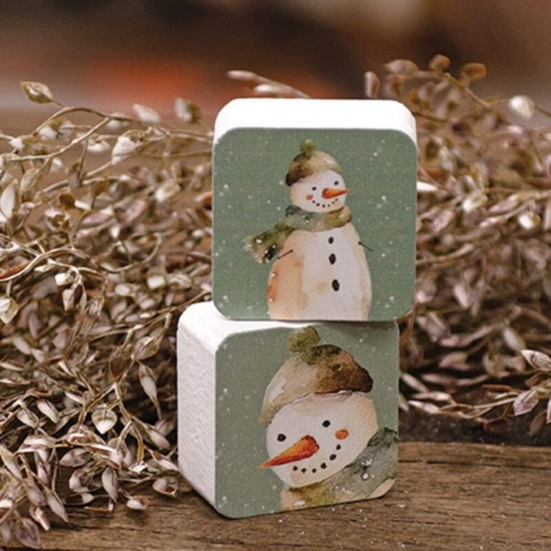 Sage Green Wood Winter Forest Snowman Blocks Set for Tabletop and Shelf Decor, 2 Asstd - 2” L X 1” W x 2” H