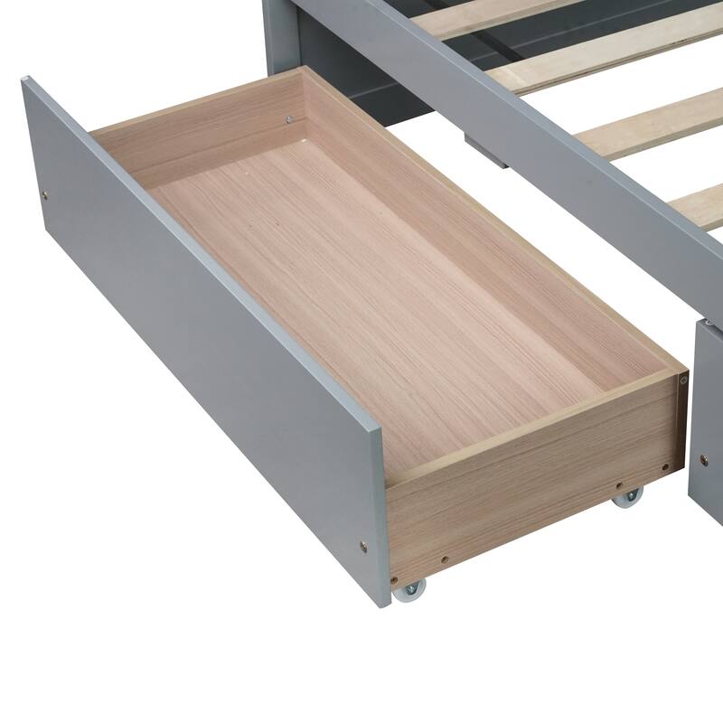 Wooden Twin Size Kids Bed with 2 Drawers, Solid Rubber Wood Platform Bed Frame, No Box Spring Needed