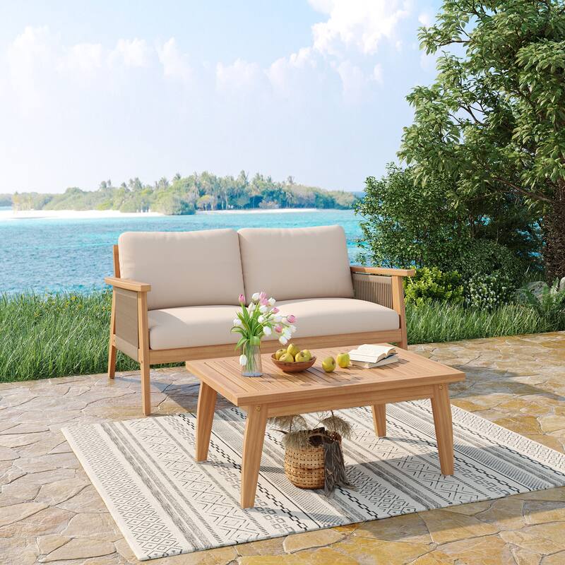 Christopher Knight Home - Modern Outdoor 2-Piece Acacia Wood Rope Patio Conversation Set with Water-Resistant Cushion - Teak Finish+Beige