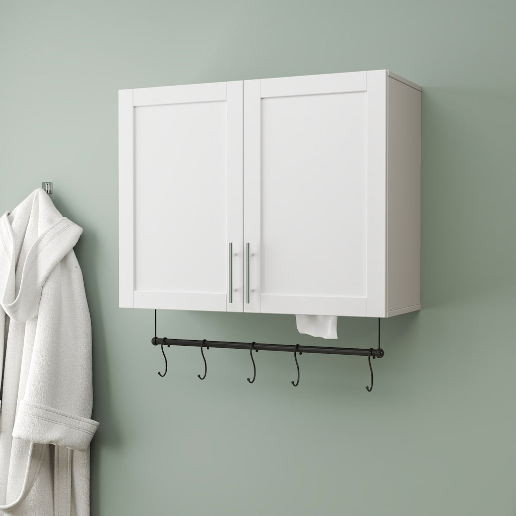 Bathroom Wall Mounted Cabinet with Towel Bar and Hooks, Compact Storage Cabinet with Adjustable Shelf