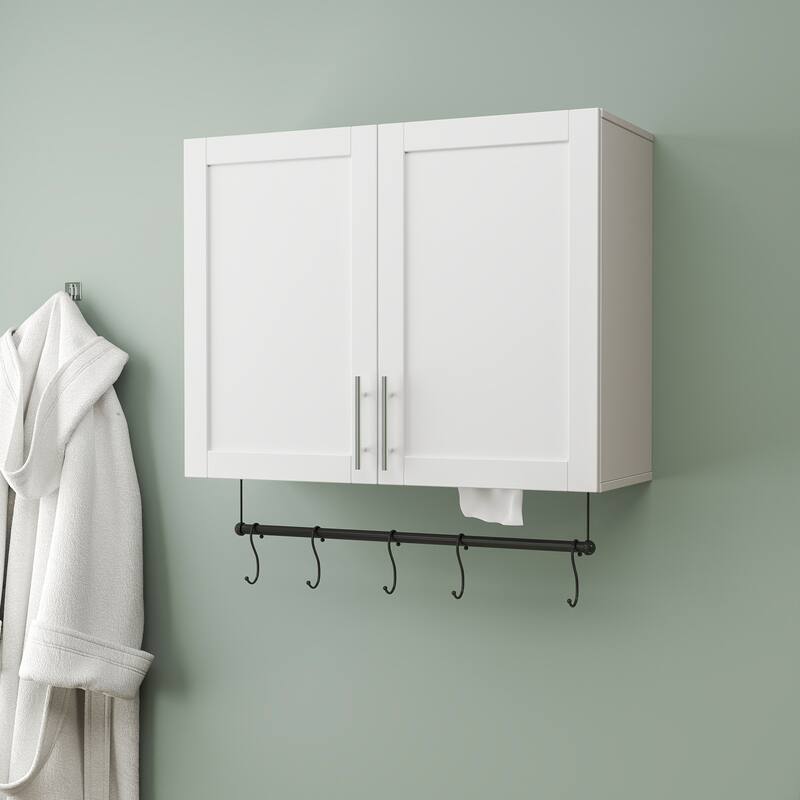 Roomfitters Bathroom Wall Cabinet with Adjustable Shelf, Towel Bar, and 5 Hooks, Over-The-Toilet Storage Cabinet, White
