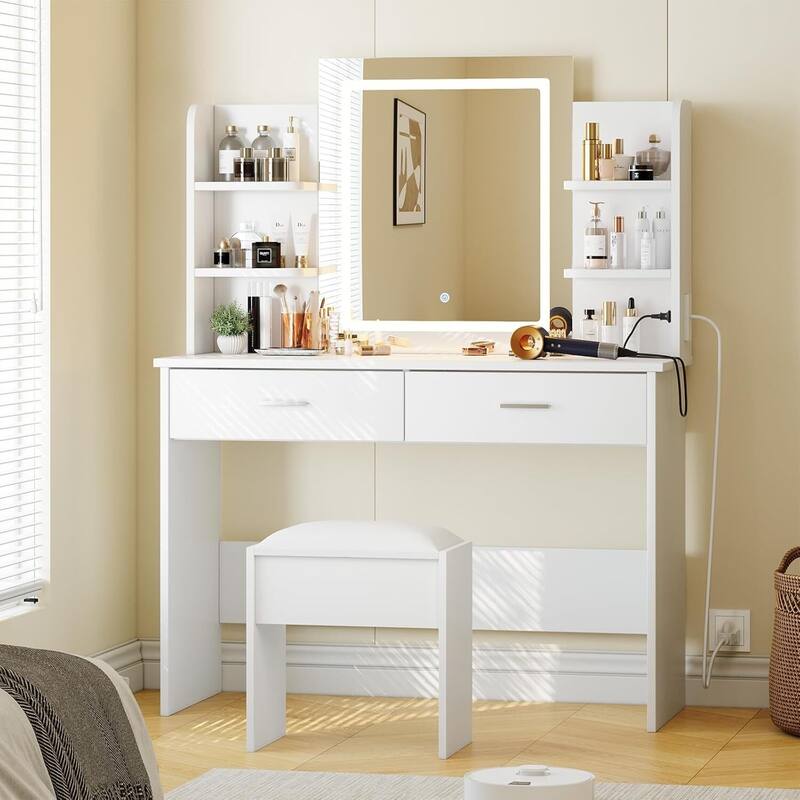 Vanity Desk with Lighted Mirror and 6 Storage Shelves - White
